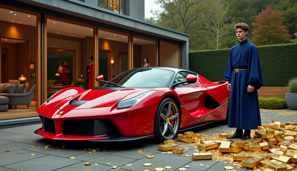 CREATE AN ULTRAREALISTIC IMAGE WITH A BEAUTIFUL RED FERRARI PARKED NEXT TO GOLD BARS AND OPEN SUITCASES WITH DOLLARS INSIDE, IN THE BACKGROUND A BEAUTIFUL MANSION WITH WOMEN AND NEXT TO THE PORSHE A HANDSOME YOUNG WIZARD IN BLUE CLOTHES AND FULL OF JEWELS AS PER THE MAGIC OF THE TIP, PERFECT WIZARD HANDS WITH 5 FINGERS, EA FERRARI BIG, real life size, AND THE MODERN MANSION, MODERN ARCHITECTURE WITH BEAUTIFUL WOMEN IN THE FRONT, MAGICIAN WITH 5 FINGERS AND IMAGE WITH DEPTH