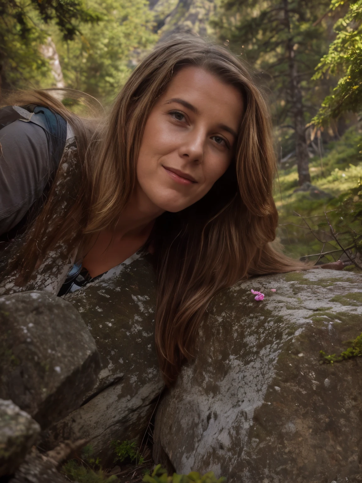 A happy smiling blond woman in front near camera sitting comfortable relaxed on a rock enjoying the view, now actively climbing a vertical mountain wall in the high mountains,pine trees, spruce trees, patches of alpine moss, small alpine wildflowers, tufts of hardy grass, jagged granite rocks, limestone cliffs, quartz veins in the rock, lichen-covered boulders, steep rocky ledges, ferns growing in crevices, mountain goats grazing in the distance, small streams trickling down the mountain, glacial erratics, distant snow-capped peaks, rocky outcrops, mountain laurel bushes, rhododendron shrubs, scattered fallen pine needles, weathered tree stumps, tree roots exposed on the surface, wild blueberries, hawks soaring overhead, eagles circling above, juniper bushes, old tree branches, cracks in the rock face, shadows cast by clouds, distant waterfalls, scree slopes, low-lying fog in the valley, distant river winding through the valley, dense forest below, mountain meadows, patches of snow on higher peaks, wild strawberries, worn climbing paths, small rock cairns, loose gravel on the ledge, rustling leaves from the wind, old climbing ropes left behind, distant climber tents, glacial moraine, small pebble patches, birch trees in the valley, oak trees on the lower slopes, mountain ash trees, shadows of passing birds, layers of sedimentary rock, distant grazing cattle, echoes of distant bird calls, faint trails of smoke from a campfire, small rock slides, distant mountain huts, and tree lines marking the edge of the forest.