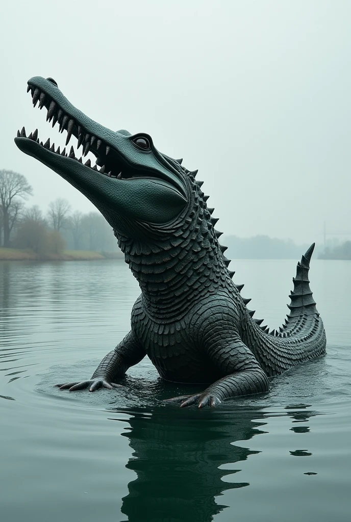 Sculpture based on the concept of a crocodile emerging from the water, but there is no crocodile in the work, which represents progress and reconciliation.