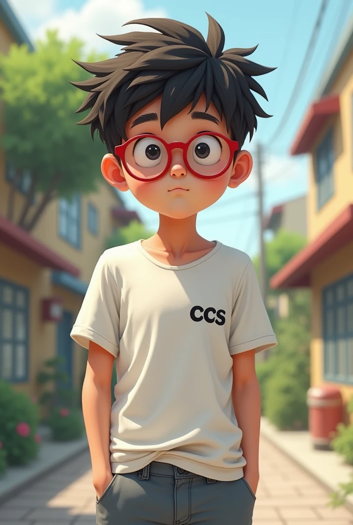 generates a boy, skinny, with red glasses, a white t-shirt with a lettering on one side "ccs" and some grey pants, doing an unexpected thing