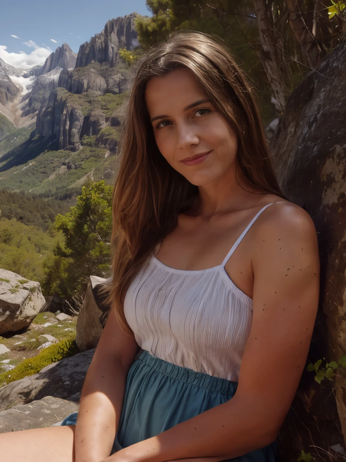 A happy smiling blond woman in front near camera sitting comfortable relaxed on a rock enjoying the view, now actively climbing a vertical mountain wall in the high mountains,pine trees, spruce trees, patches of alpine moss, small alpine wildflowers, tufts of hardy grass, jagged granite rocks, limestone cliffs, quartz veins in the rock, lichen-covered boulders, steep rocky ledges, ferns growing in crevices, mountain goats grazing in the distance, small streams trickling down the mountain, glacial erratics, distant snow-capped peaks, rocky outcrops, mountain laurel bushes, rhododendron shrubs, scattered fallen pine needles, weathered tree stumps, tree roots exposed on the surface, wild blueberries, hawks soaring overhead, eagles circling above, juniper bushes, old tree branches, cracks in the rock face, shadows cast by clouds, distant waterfalls, scree slopes, low-lying fog in the valley, distant river winding through the valley, dense forest below, mountain meadows, patches of snow on higher peaks, wild strawberries, worn climbing paths, small rock cairns, loose gravel on the ledge, rustling leaves from the wind, old climbing ropes left behind, distant climber tents, glacial moraine, small pebble patches, birch trees in the valley, oak trees on the lower slopes, mountain ash trees, shadows of passing birds, layers of sedimentary rock, distant grazing cattle, echoes of distant bird calls, faint trails of smoke from a campfire, small rock slides, distant mountain huts, and tree lines marking the edge of the forest.