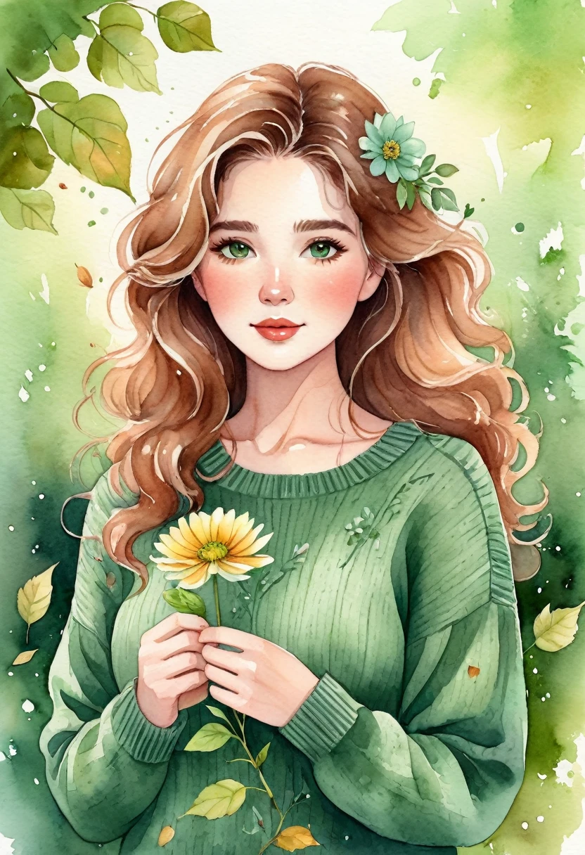 Watercolor drawing of a woman holding a flower, with wavy hair and wearing a green sweater. Her face has an adorable floral motif, in a cute cartoon style. The atmosphere is peaceful, with exteriors like falling leaves. Ultra-realistic digital art with touches of fantasy, highlighting charm and beauty.
