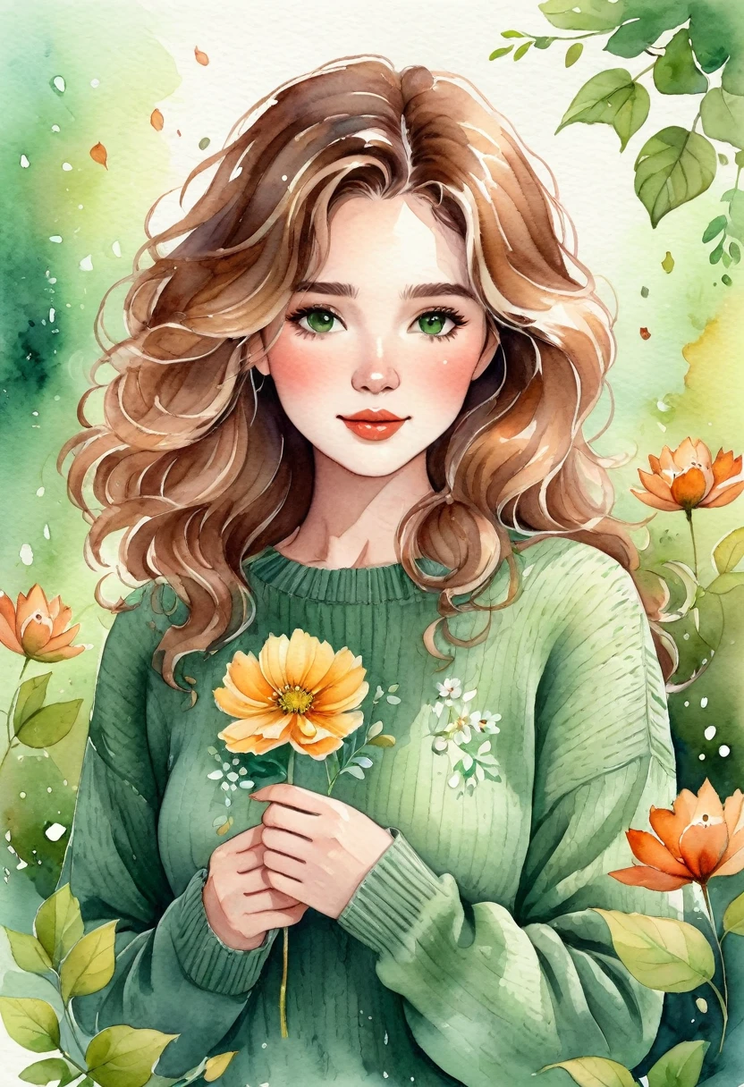 Watercolor drawing of a woman holding a flower, with wavy hair and wearing a green sweater. Her face has an adorable floral motif, in a cute cartoon style. The atmosphere is peaceful, with exteriors like falling leaves. Ultra-realistic digital art with touches of fantasy, highlighting charm and beauty.