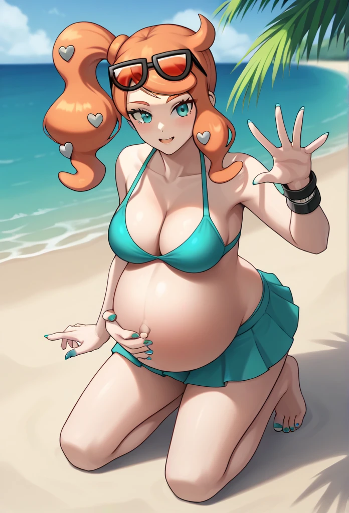 score_9, score_7_up BREAK solo,EPpkSonia,orange hair, side ponytail, aqua eyes, long hair, eyewear on head, sunglasses, heart hair ornament, aqua bikini, pregnant, big belly, Belly button piercing, cleavage, bracelet, collarbone, panties, nail polish, aqua nails, aqua toenails, beach, belly rub, Hawaii skirt