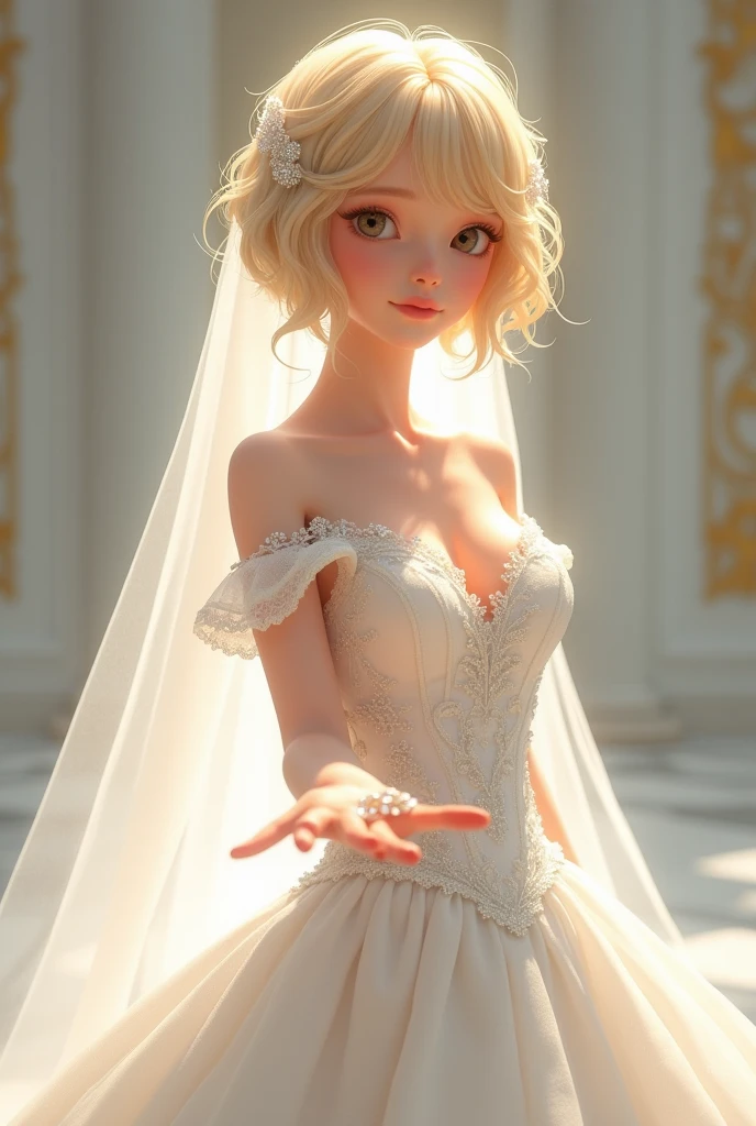 Beautiful girl with blonde short hair, wedding dress, white skin, give you ring wedding 