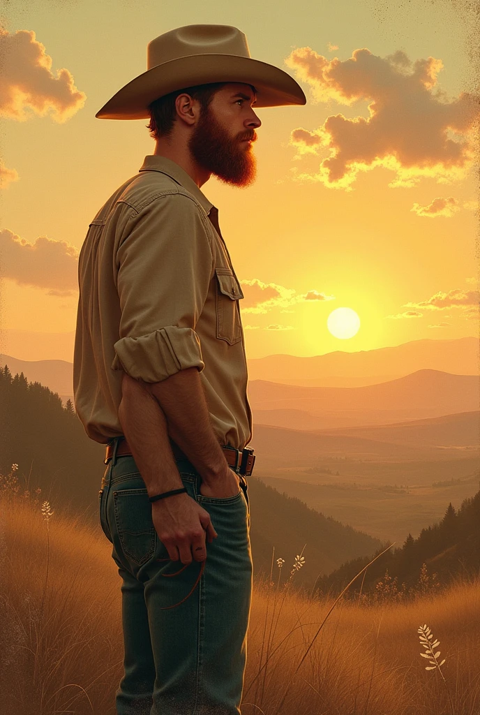 Cover for the song "Grain of Sand" de Dylan Rivers, redhead folk artist with defined body, with short beard and cowboy hat. The image shows a vast horizon and a setting sun. The rustic-style title font and soft lettering complement the song's intimate aura.. Dylan Rivers in the background, contemplating the horizon. The earthy and golden color palette conveys the simplicity and beauty of nature.