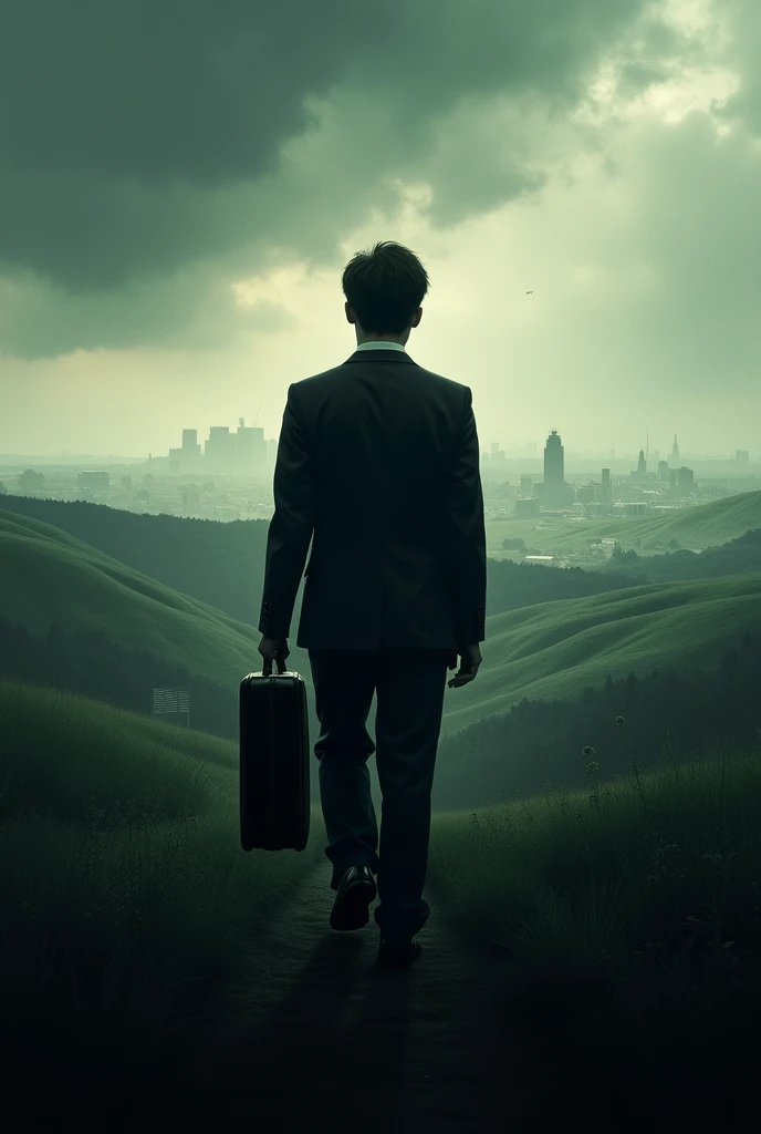 Cover of a movie, with the silhouette of a teenager in a suit and his briefcase, The background should be a countryside with a dark tone and the city can be seen from afar. 
