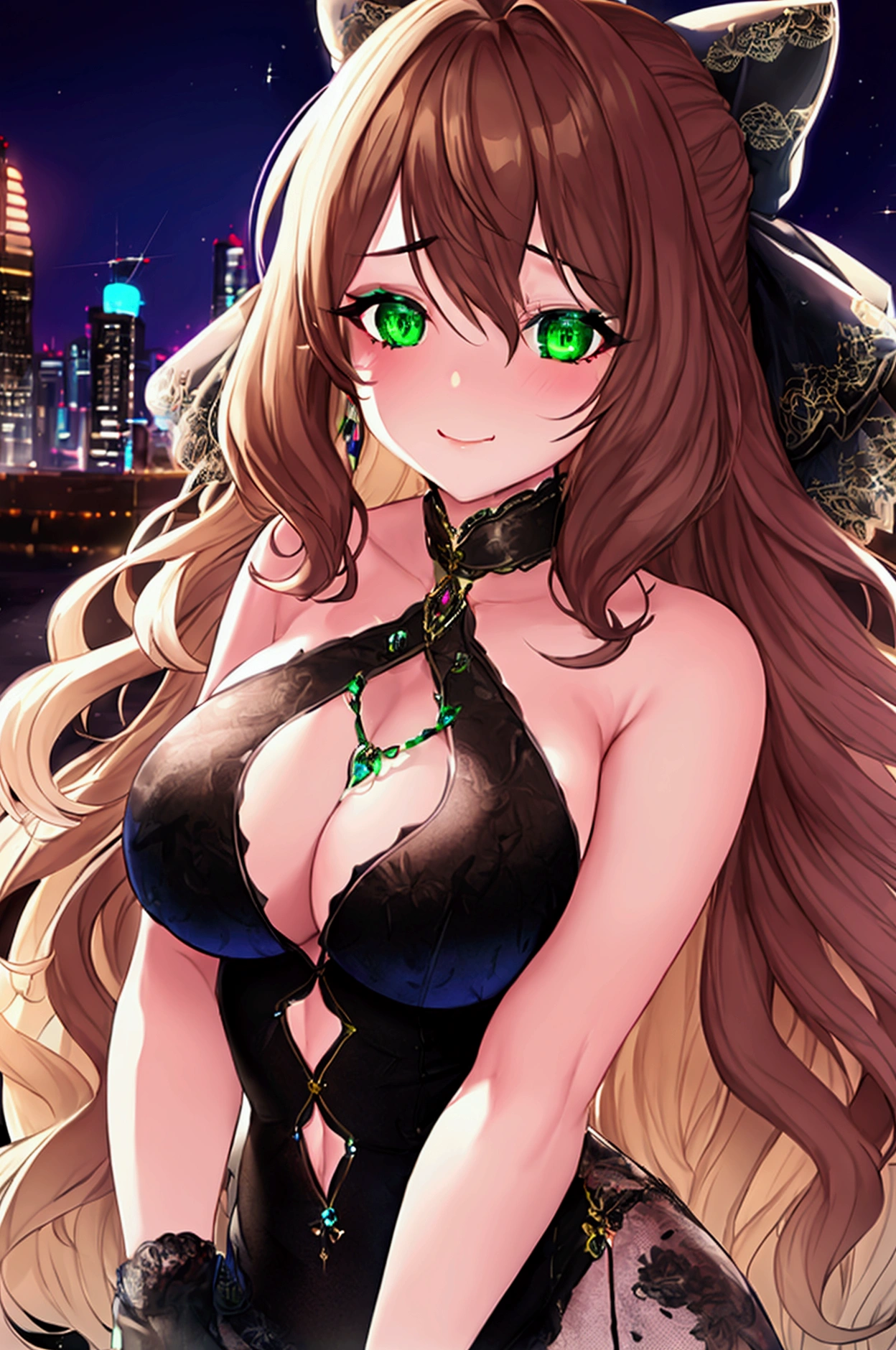 Моника из Doki Doki Literature Club, half body portrait, long brown hair with a big white bow, expressive green eyes, seductive accent on 2-3 size breasts, partially open and emphasized by a low neckline, revealing street style clothing, figure-hugging, provocative background - neon lights of the night city, glittering signs and bright lights, dark makeup, Digital art, trending on artstation, highly detailed, difficult, attractive detailed glow, cinematic light, a high resolution, detailed facial features, sharp focus, smooth, aesthetic