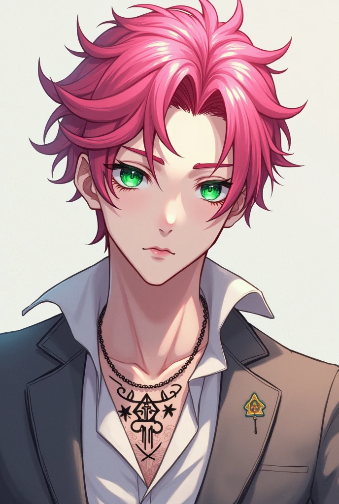 pink hair green eyed man white skin handsome anime less like sukuna, and with tattoo