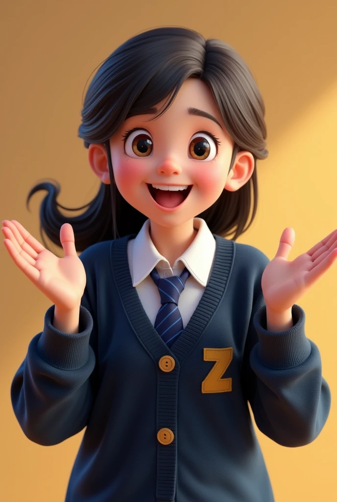 GENERATE A STUDENT woman pixar happy open sweater with buttons DARK BLUE with a small mustard colored letter Z on the right , DARK BLUE TIE AND WHITE SHIRT WITHOUT JACKET, showing something with the hand