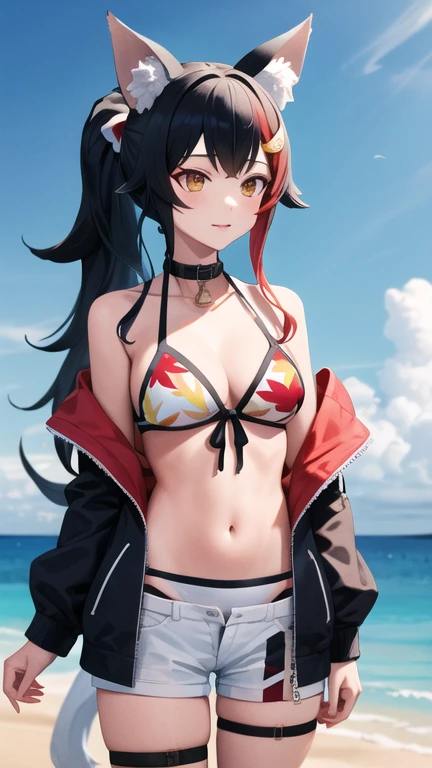 masterpiece, best quality, highres, miosha1, hair ornament, ponytail, wolf tail, swimsuit, white shorts, thigh strap, black jacket, leaf print, collar, string bikini, beach, cowboy shot, standing,