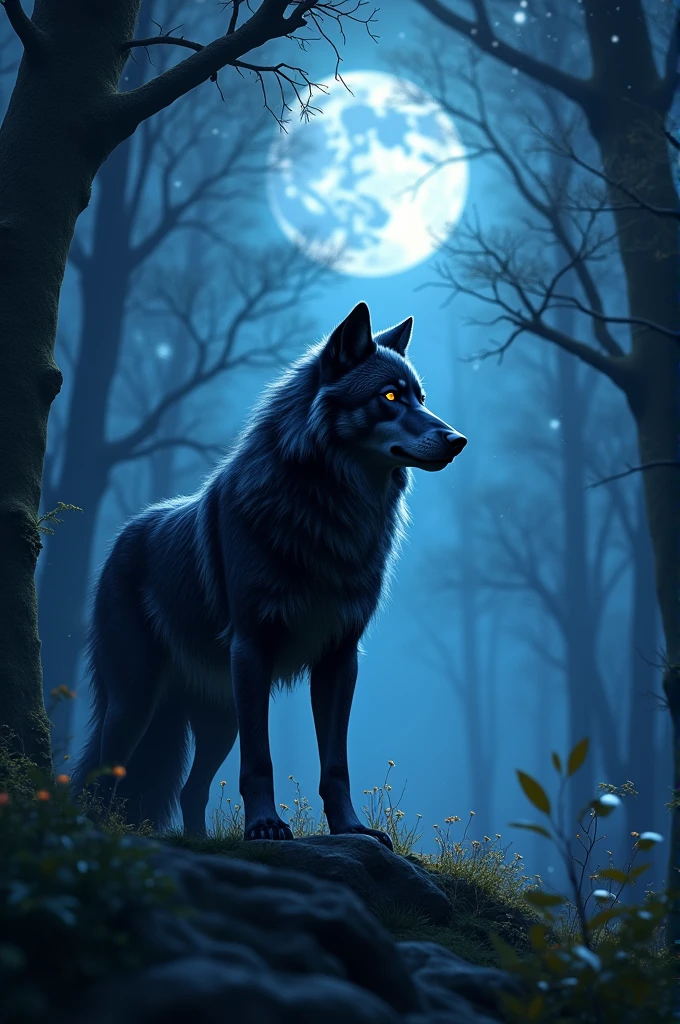 A large black wolf with beautiful fur in a glowing forest at night, moonlight illuminating the scene, stars twinkling in the sky, detailed and realistic, serene and magical atmosphere, high quality, 4k resolution
