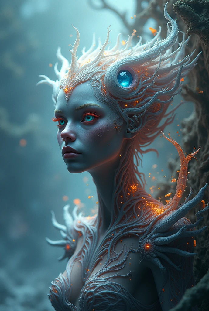 A stunning, hyper-realistic portrayal of an alien creature by Esao Andrews. The fish girl is depicted with a slender, bioluminescent body, adorned with multi-colored neon dots that glow brilliantly. Her transparent skin reveals her intricate internal structure, and her small, round appendages serve as arms, gently embracing her otherworldly fish-like face. Esao Andrews' unique artistic techniques create an atmosphere of wonder and mystique, drawing the viewer into the captivating world of this enigmatic creature.