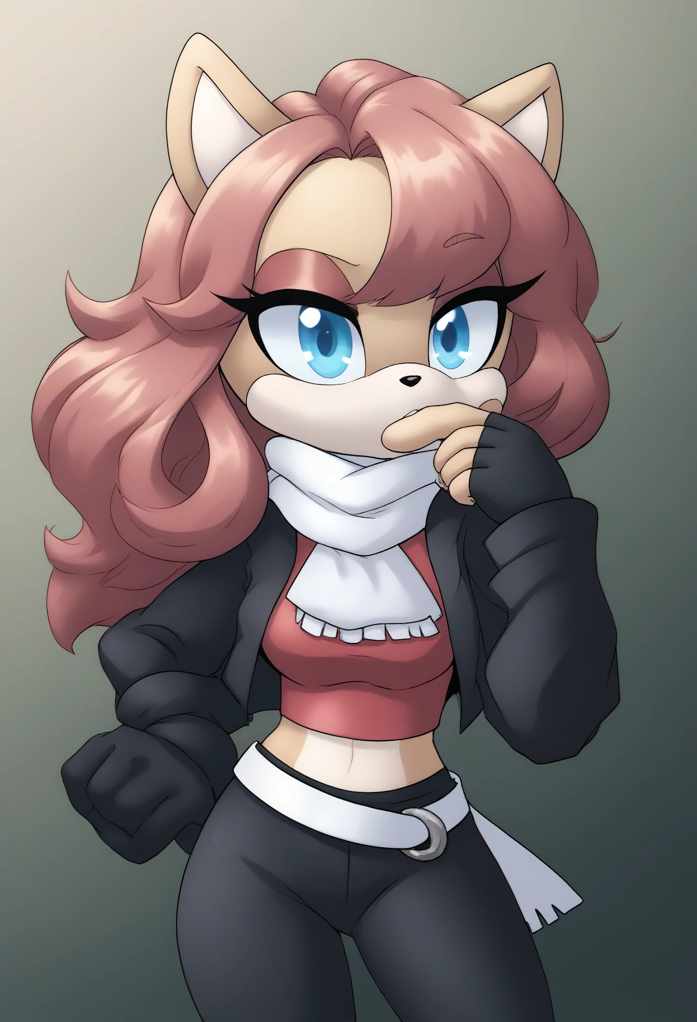 (1girl), (solo), Female Mink, light brown fur, long hair, fringe_trim styled hair bangs, blue eyes, medium bust, white cropped vest coat, reddish magenta crop top, black yoga pants, white belt, long anime-like scarf blowing in the wind, long elbow length black gloves, fingerless gloves, makeup, eyelashes, daytime, mobian, mobius city