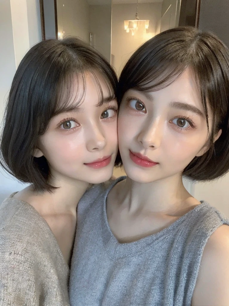(masterpiece:1.3), (8k, Photoreal, Raw photo, best image quality: 1.4), Japanese high school girl、(random hairstyle:1.2)、cleavage:1.5、super detail face、eye for details、double eyelid、chest to chest、sharp focus:1.2、Beautiful woman:1.4、light brown hair、highest quality、masterpiece、超A high resolution、(Photoreal:1.4)、Highly detailed and professionally lit smiles、loose and light knitwear、shoulder out、thin、serious expression、short haired、deadly position
similar identical twins
All the girls have the exact same face, The two have the same face and figure, as if they were mirror images.