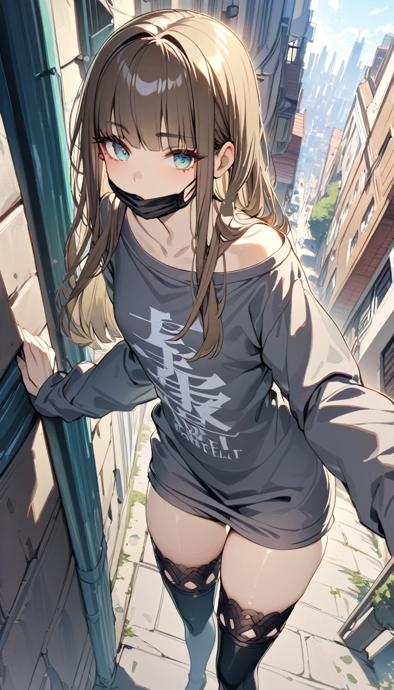 ((masterpiece)), Highest quality, (8k, Highest quality, masterpiece:1.2), Very detailed, gretelalt, brown hair, long hair, teal eyes,thighhighs, bangs, mouth mask, long sleeves, baggy t-shirt, stockings, outdoors,street,contrapposto,look down from a high place,solo focus,flat chest