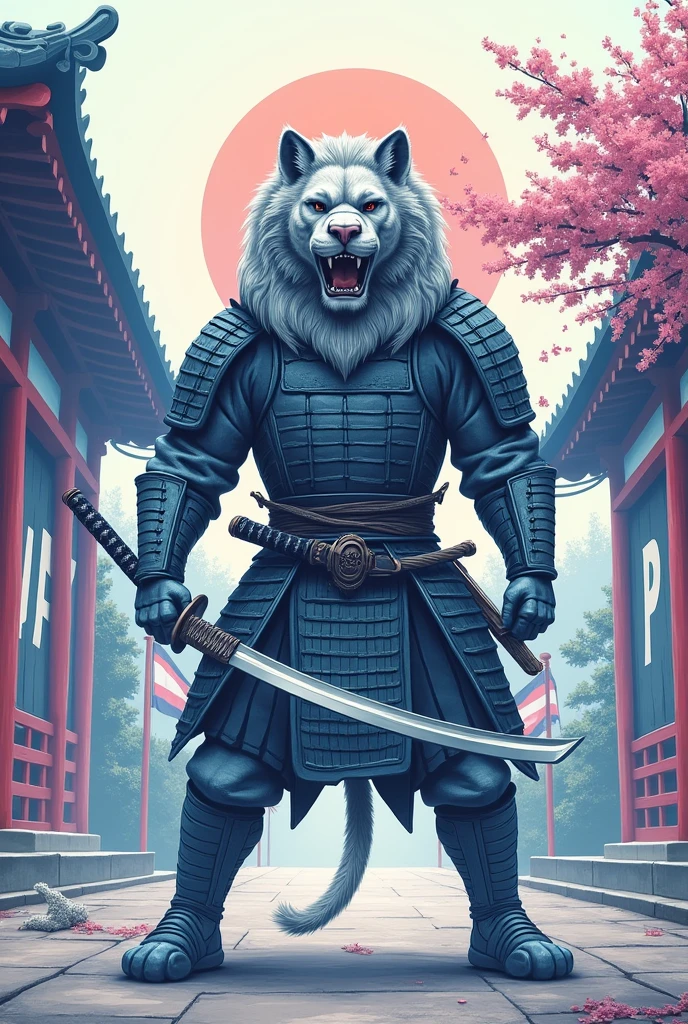 Samurai Lion in an Japanese dojo, modern art, hand-drawn, gray, blue and white colors, Lion warrior, traditional Japanese architecture, cherry blossom tree in bloom, intricate samurai armor, katana sword, focused expression, whit big head dynamic pose, detailed linework, soft pastel shades of blue, and lavender, artistic interpretation, ArtStation. Whit the big argentina flag and with a big sign that says ViP