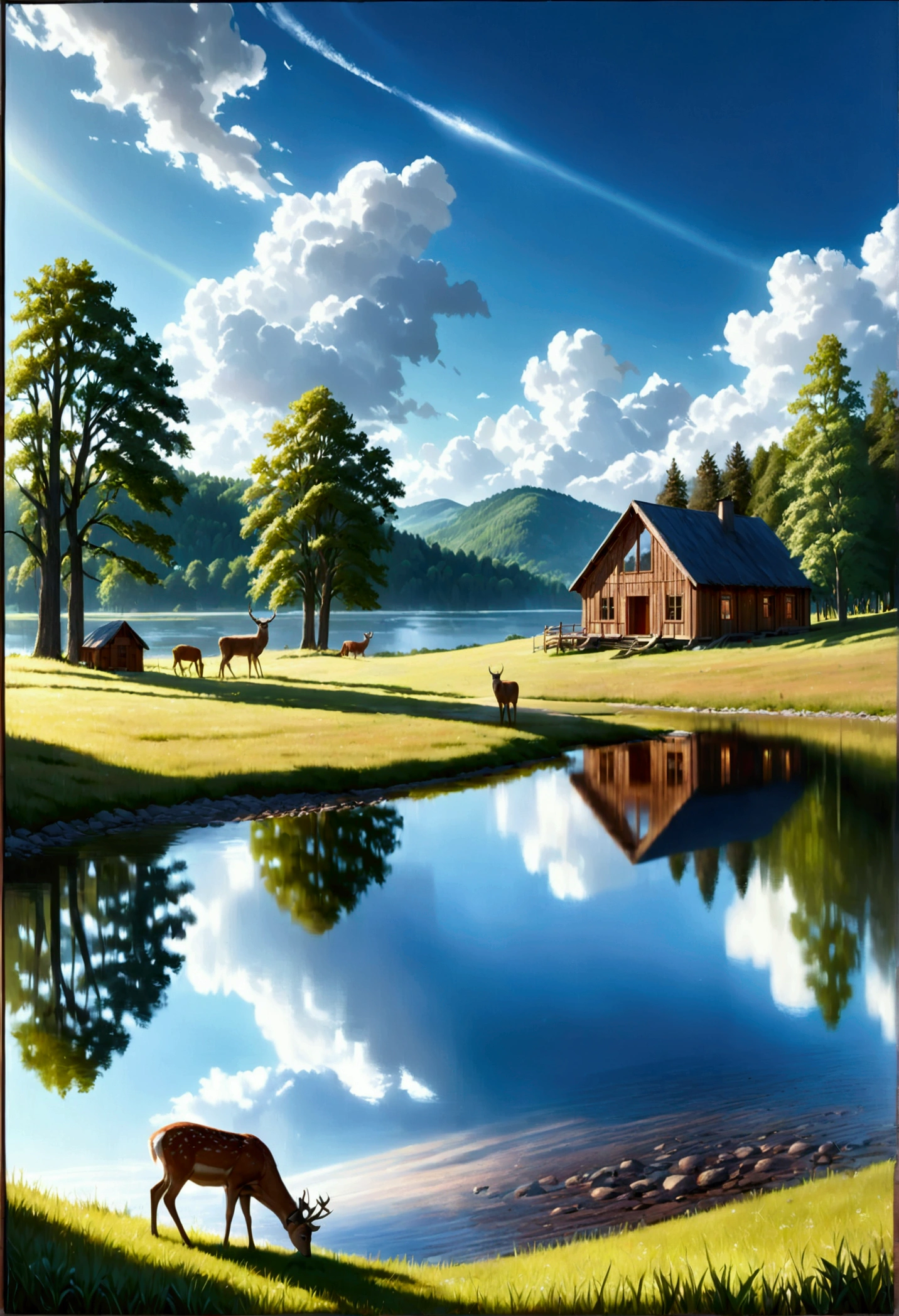 A vast, lush wild grassland, rolling hills, towering trees, sunlight filtering through the leaves, beautiful detailed clouds in the sky, a serene lake reflecting the landscape, a herd of deer grazing peacefully, a wooden cabin nestled in the distance, (best quality,4k,8k,highres,masterpiece:1.2),ultra-detailed,(realistic,photorealistic,photo-realistic:1.37),highly detailed landscape, natural lighting, vivid colors, cinematic composition
