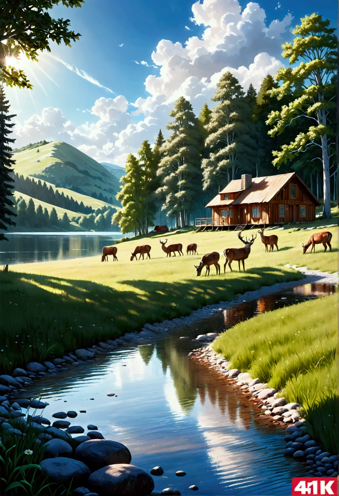 A vast, lush wild grassland, rolling hills, towering trees, sunlight filtering through the leaves, beautiful detailed clouds in the sky, a serene lake reflecting the landscape, a herd of deer grazing peacefully, a wooden cabin nestled in the distance, (best quality,4k,8k,highres,masterpiece:1.2),ultra-detailed,(realistic,photorealistic,photo-realistic:1.37),highly detailed landscape, natural lighting, vivid colors, cinematic composition