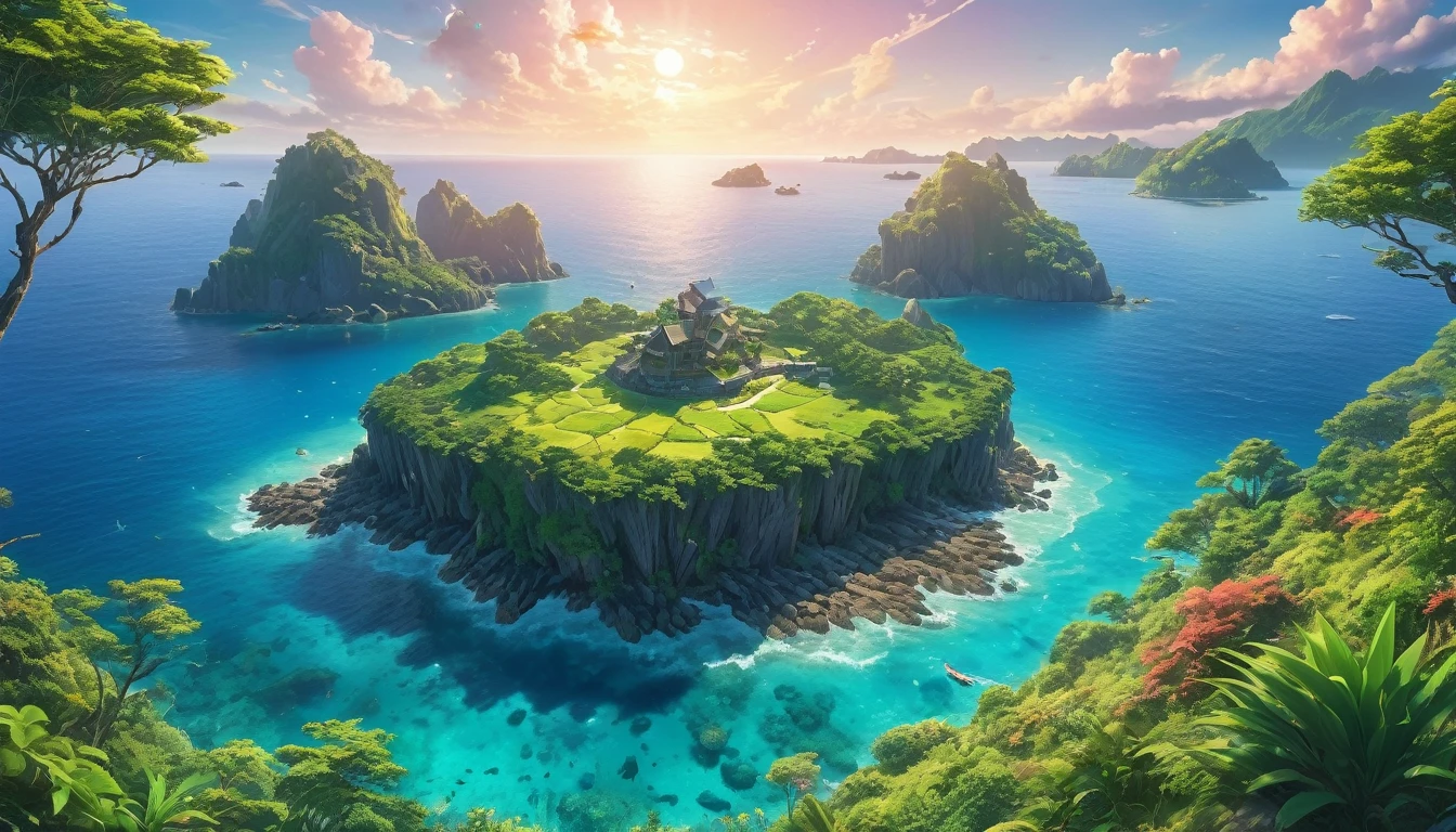 (anime, fantasy, island),(best quality, high resolution, HDR:1.2),vibrant colors,calm atmosphere,a sole uninhabited island in the middle of the ocean,fantasy land,wierd vegetation,undiscovered,ethereal light,fantastical landscapes,detailed landscape,antialiasing,high FXAA,8K post-production