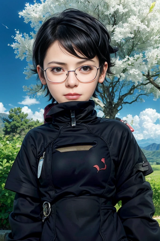 masterpiece, best quality, (realistic,photo-realistic:1.4), (RAW photo:1.2), extremely detailed CG unity 8k wallpaper, delicate and beautiful, amazing,finely detail, official art, absurdres, incredibly absurdres, huge filesize, ultra-detailed,extremely detailed eyes and face,light on face,sarada,(little smile:1.2),(black hair:1.4),(wearing coat:1.4),(very short hair:1.4),nature,sarada uchiha ,(wearing glasses:1.4),(narure background:1.4),belt
