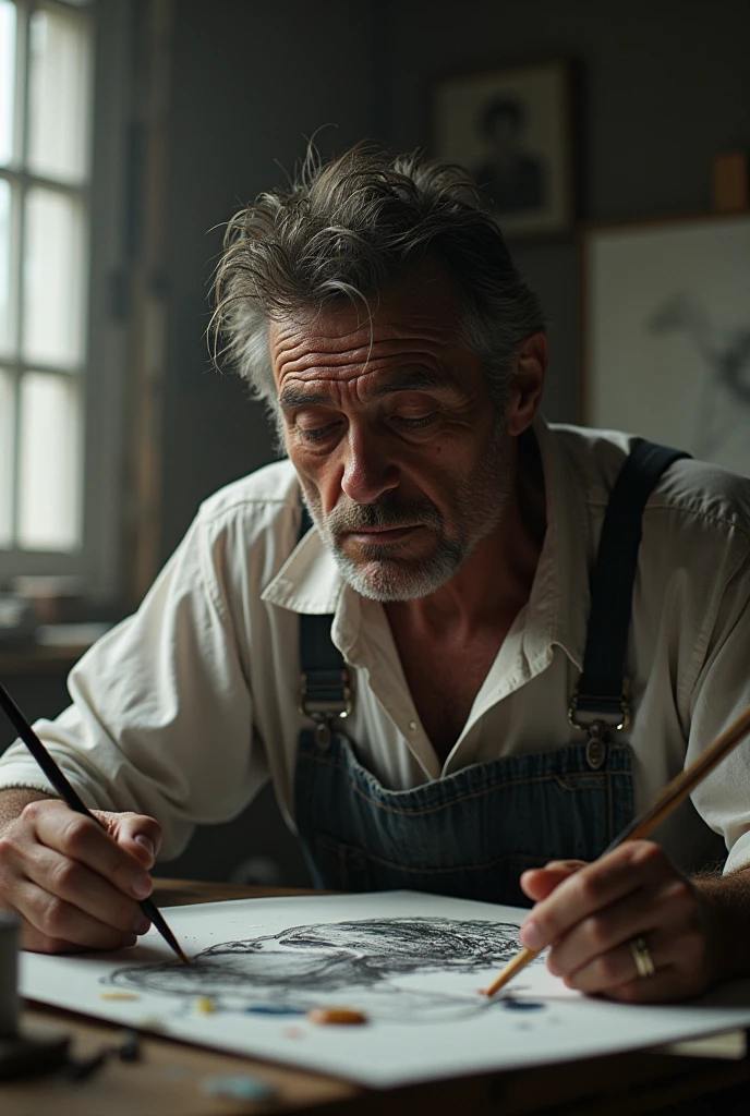 Create for me an image of a painter painting a beautiful drawing that is already done, and you don&#39;t need to emasculate details. And the painter looks very tired-eyed and looks like he hasn&#39;t showered for many days..

That the image of understanding the danger of “excessive perfection.&quot;And the painter is looking ahead with tired eyes and dark circles.