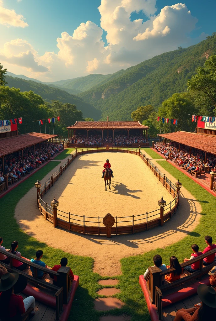 **Horse Riding Area at Monte Verde Ranch:**
- **Location:** Located at the back of the house, the grassy area is wide and open, ideal for Cavalhada activities.
- **Decoration:** The space is decorated with colorful flags and wooden stakes with themed shields., creating a festive and traditional atmosphere.
- **Competition Area:** The center is prepared with sand or gravel, delimited by ropes or small barriers for the Cavalhada competitions.
- **seats:** Around the competition area, there are benches or chairs for spectators, decorated with cushions in the event colors.
- **Lighting:** Lanterns and spotlights are used to illuminate the space at night, providing a welcoming and suitable atmosphere for the homeless with a lawn background