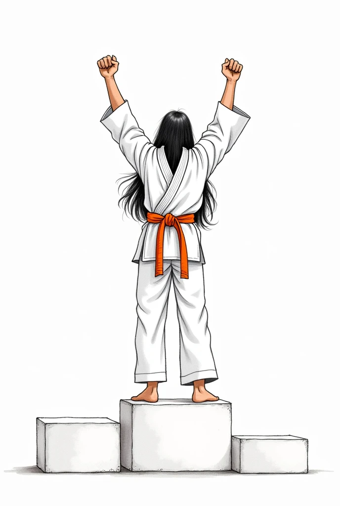 Young white man with long black hair on the podium in first place in karate, orange belt, all this in drawing