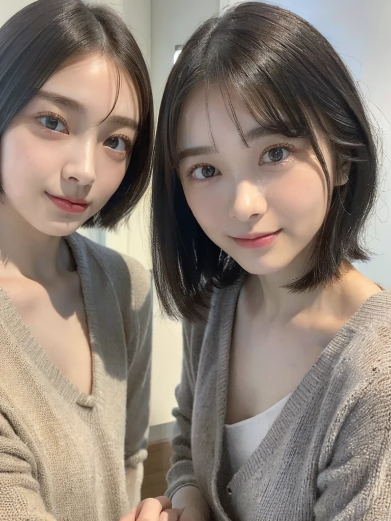 (masterpiece:1.3), (8k, Photoreal, Raw photo, best image quality: 1.4), Japanese high school girl、(random hairstyle:1.2)、cleavage:1.5、super detail face、eye for details、double eyelid、chest to chest、sharp focus:1.2、Beautiful woman:1.4、light brown hair、highest quality、masterpiece、超A high resolution、(Photoreal:1.4)、Highly detailed and professionally lit smiles、loose and light knitwear、shoulder out、thin、serious expression、short haired、deadly position
similar identical twins
All the girls have the exact same face, The two have the same face and figure, as if they were mirror images.