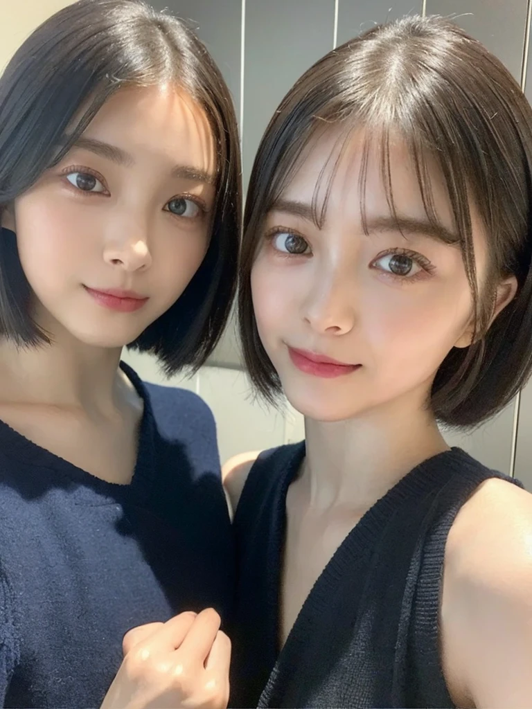 (masterpiece:1.3), (8k, Photoreal, Raw photo, best image quality: 1.4), Japanese high school girl、(random hairstyle:1.2)、cleavage:1.5、super detail face、eye for details、double eyelid、chest to chest、sharp focus:1.2、Beautiful woman:1.4、light brown hair、highest quality、masterpiece、超A high resolution、(Photoreal:1.4)、Highly detailed and professionally lit smiles、loose and light knitwear、shoulder out、thin、serious expression、short haired、deadly position
similar identical twins
All the girls have the exact same face, The two have the same face and figure, as if they were mirror images.