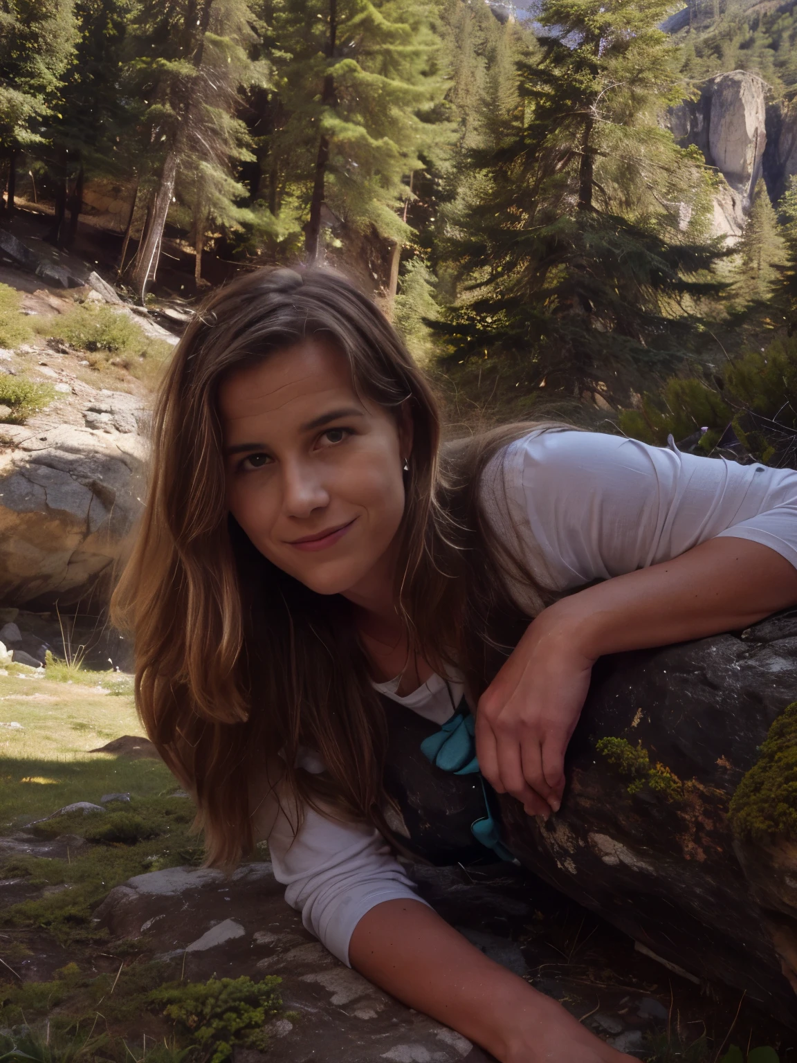 A happy smiling blond woman in front near camera sitting comfortable relaxed on a rock enjoying the view, now actively climbing a vertical mountain wall in the high mountains,pine trees, spruce trees, patches of alpine moss, small alpine wildflowers, tufts of hardy grass, jagged granite rocks, limestone cliffs, quartz veins in the rock, lichen-covered boulders, steep rocky ledges, ferns growing in crevices, mountain goats grazing in the distance, small streams trickling down the mountain, glacial erratics, distant snow-capped peaks, rocky outcrops, mountain laurel bushes, rhododendron shrubs, scattered fallen pine needles, weathered tree stumps, tree roots exposed on the surface, wild blueberries, hawks soaring overhead, eagles circling above, juniper bushes, old tree branches, cracks in the rock face, shadows cast by clouds, distant waterfalls, scree slopes, low-lying fog in the valley, distant river winding through the valley, dense forest below, mountain meadows, patches of snow on higher peaks, wild strawberries, worn climbing paths, small rock cairns, loose gravel on the ledge, rustling leaves from the wind, old climbing ropes left behind, distant climber tents, glacial moraine, small pebble patches, birch trees in the valley, oak trees on the lower slopes, mountain ash trees, shadows of passing birds, layers of sedimentary rock, distant grazing cattle, echoes of distant bird calls, faint trails of smoke from a campfire, small rock slides, distant mountain huts, and tree lines marking the edge of the forest.