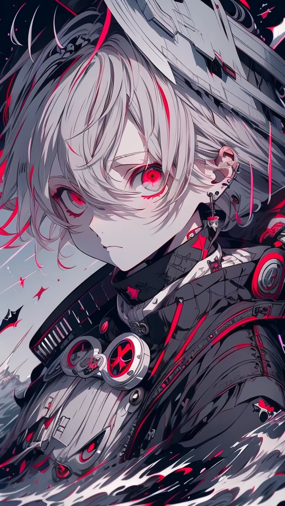 Anime boy with white hair and red eyes wearing a black jacket, nagito komaeda, Hajime Yatate, He has dark grey hair, Gray-haired, Gray-haired, Silver-haired madman, Nagito Komaeda from Danganronpa, White fox, Sacred Waters(WLOP style), Male Anime Characters, Gray-haired