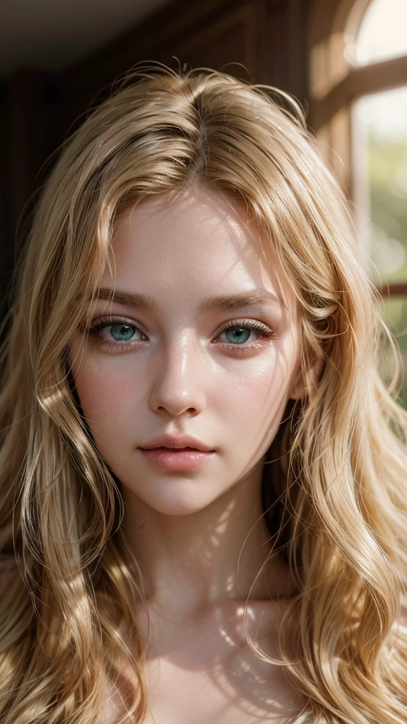 a young woman with green eyes and wavy blonde hair, beautiful detailed eyes, beautiful detailed lips, extremely detailed eyes and face, long eyelashes, beautiful woman, portrait, photorealistic, 8k, high quality, realistic, intricate details, warm lighting, soft focus, cinematic, dramatic, flowing hair, elegant, serene expression