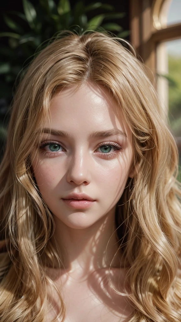 a young woman with green eyes and wavy blonde hair, beautiful detailed eyes, beautiful detailed lips, extremely detailed eyes and face, long eyelashes, beautiful woman, portrait, photorealistic, 8k, high quality, realistic, intricate details, warm lighting, soft focus, cinematic, dramatic, flowing hair, elegant, serene expression