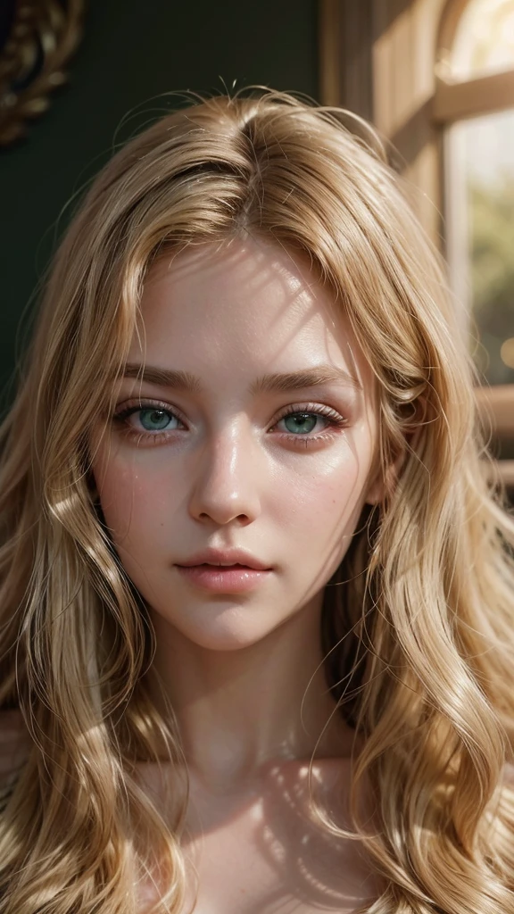 a young woman with green eyes and wavy blonde hair, beautiful detailed eyes, beautiful detailed lips, extremely detailed eyes and face, long eyelashes, beautiful woman, portrait, photorealistic, 8k, high quality, realistic, intricate details, warm lighting, soft focus, cinematic, dramatic, flowing hair, elegant, serene expression