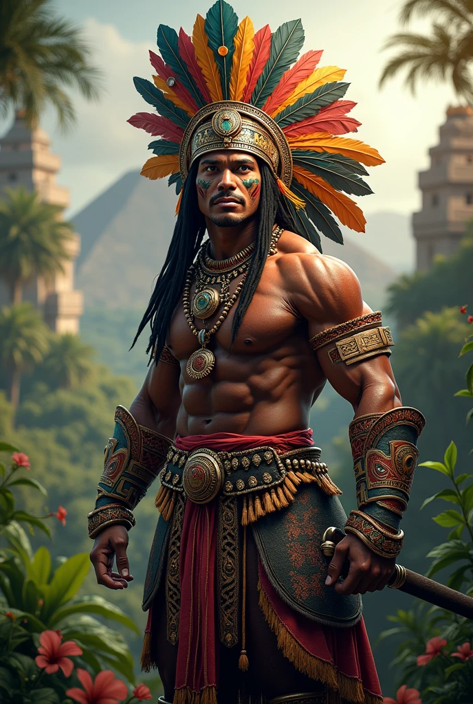 create an image of an Aztec warrior, for the cover of a clothing brand