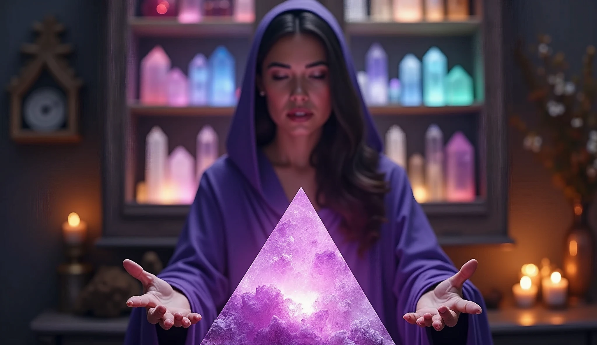 woman in violet priestess cape energizing her home with HIGH crystals, IN your hands with 5 fingers each hand, large pyramid shaped crystal, convey depth, in the background a cabinet full of crystals of different colors, sizes and shapes, in the scene small lit candles and aromatic herbs