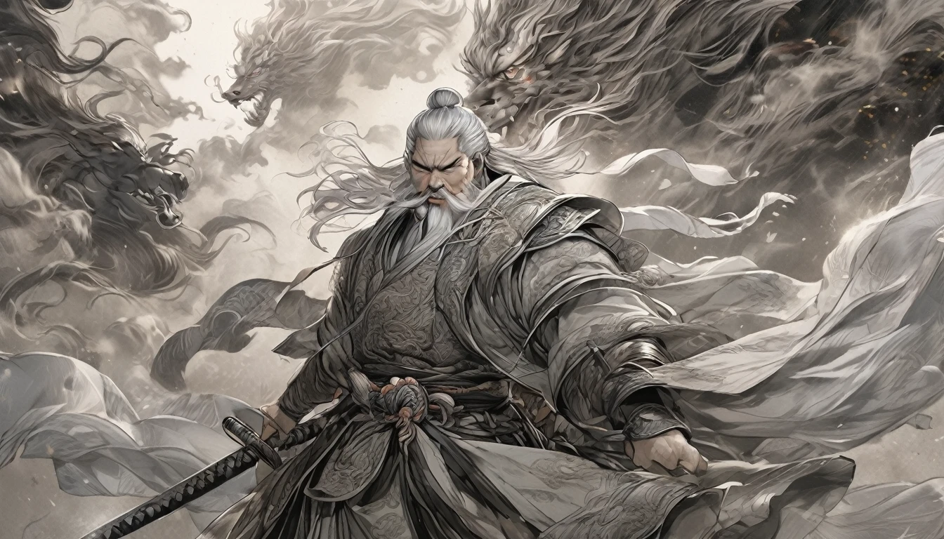Line art drawing comic a perfect handsome male, Clear Face, Man in his 50s,muscle, Hanfu, Gray Hair, long white beard, ((whole body)), Fine grain, Detailed face,Perfect hand-crafted detail,sword,anger,sparks,１riding a horse,
cast (Immeasurable,Bamboo Flooring,Fire Glass Panel Brownian Motion,Diagonal lines,Zenith angle,Dust storm,Superfluid,ball,oval ,Flowing magic:1.0)| Horsemen, (Vibrant,Illuminate,Enthusiast,cycle,scarlet,Chrome Yellow Arcanum,Dazzling,shine ,liquid crystal,Space dust,Teleport,The Magic of Dashed Lines:1.0) Purification spell, Trace the symbol on the parchment with a quill, Precisely craft a spell, Astral Sparkle, Simple Positive XLv1, Ultra-high resolution, wallpaper, 8k,Richly textured details, Elevation, A magnificent composition, . graphic illustration, Comic art, graphic novel art, Vibrant, Very detailed . Professional, Sophisticated, Modern, Minimalist, graphic, Line art, vector graphics