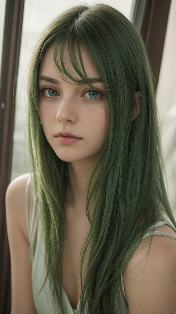 a girl. europe. feeling sad. oval face. delicate features. gentle eyes. green eyes. long straight hair. messy hair. green hair. shy. straight face