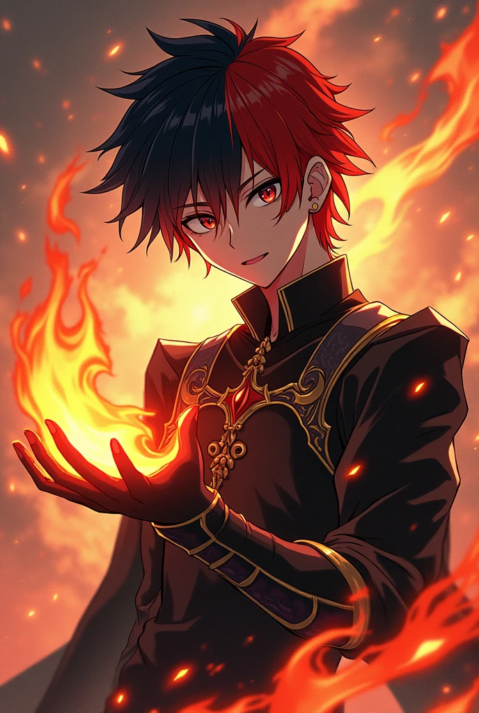 Anime style male character with one black eye and one white eye, black hair half red with 1,67 tall, and with fire power in the palm of his hand