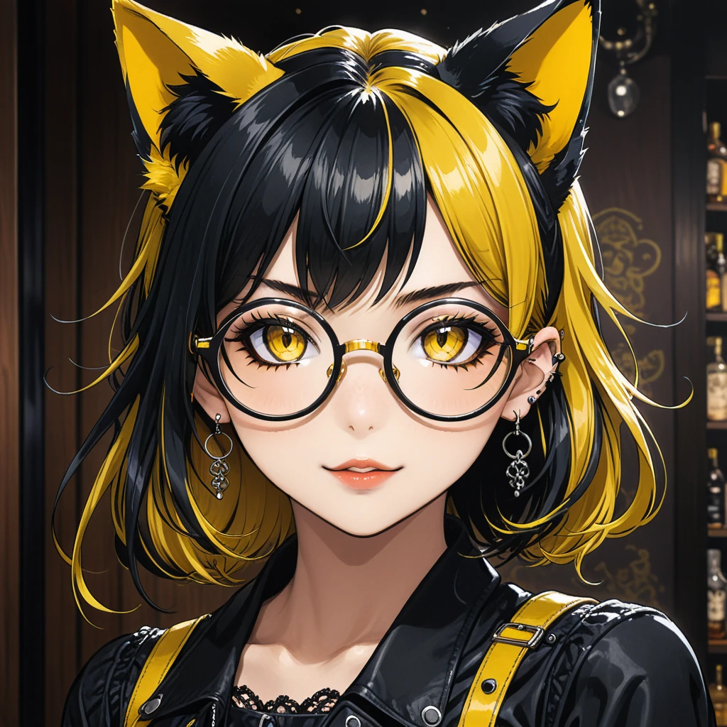 (in style of Takeshi ta:0.9),(in style of Jillian Tamaki:0.9),
bar background,1 girl,gothic style,bonklers, close-up,(:d:1.4),(arm_around_waist:1.3), portrait, gothic girl with heavy makeup, (ear piercing:1.5), long with yellow and black highlights hair,wear glasses,black and yellow hair, ((((giant glasses, otaku glasses, round glasses)))), A pair of cat ears on the head