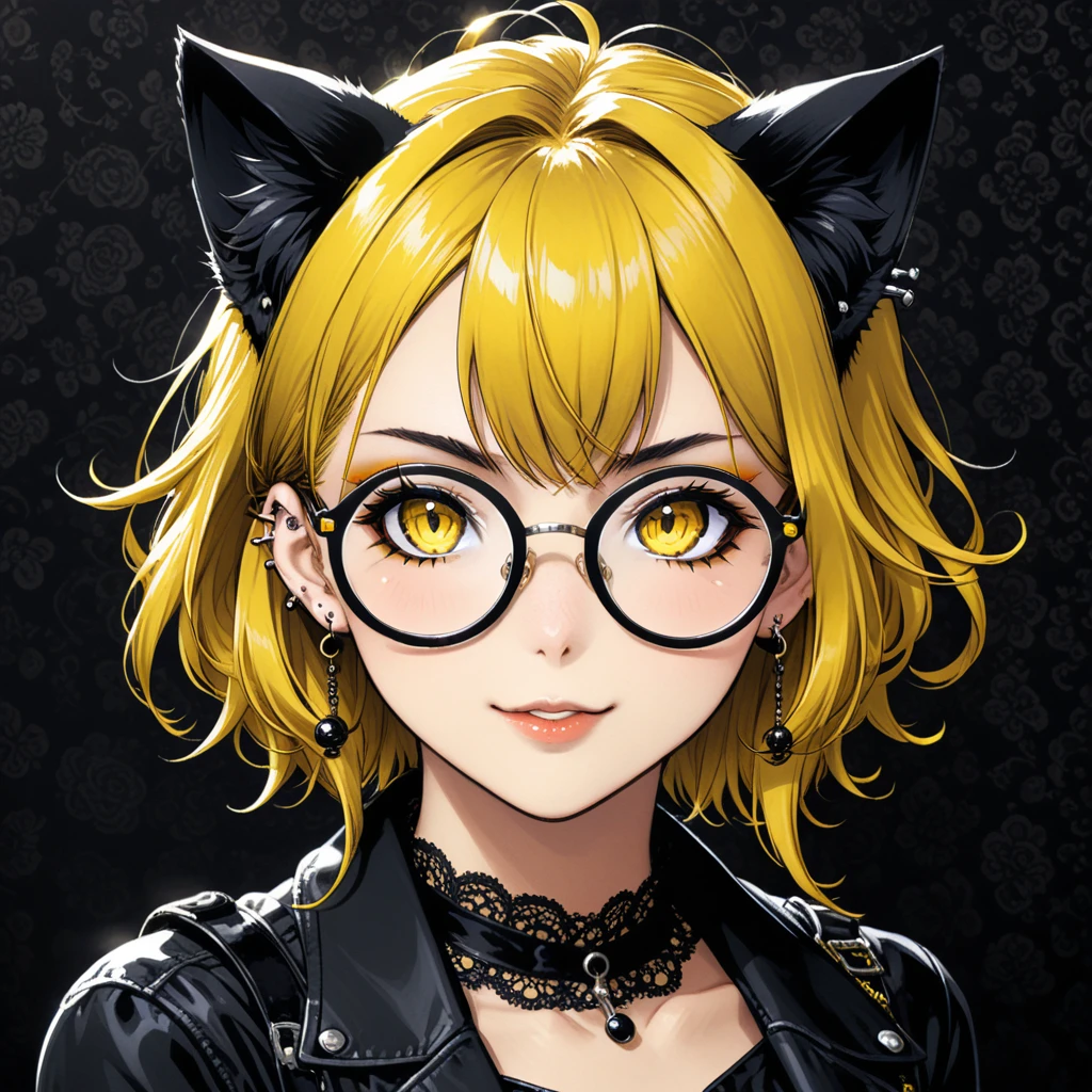 (in style of Takeshi Obata:0.9),(in style of Jillian Tamaki:0.9),
bar background,1 girl,gothic style,bonklers, close-up,(:d:1.4),(arm_around_waist:1.3), portrait, gothic girl with heavy makeup, (ear piercing:1.5), long with yellow and black highlights hair,wear glasses,black and yellow hair, ((((giant glasses, otaku glasses, round glasses)))), A pair of cat ears on the head