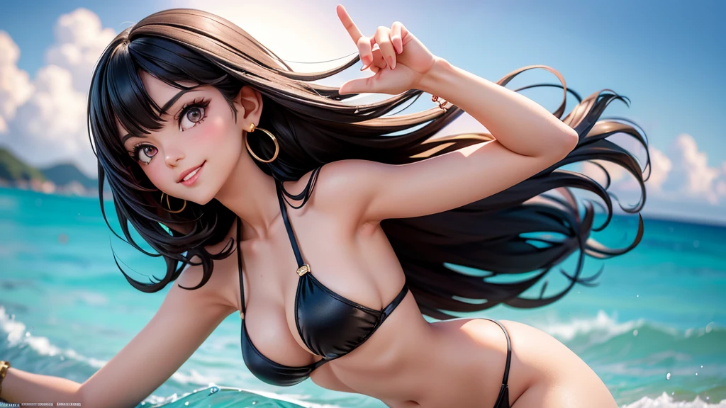 Pose: 1_girl, solo, 25-years-old korean girl. slender and medium breast. brown eyes mid-motion, flipping her hair to one side with a playful expression. Her head can be slightly tilted, and her body angled to emphasize the movement of the hair flip.
Expression: Playful and confident, with a bright smile or a mischievous, flirty gaze toward the camera.
Attire: sexy black bikini
Hair: short black hair and bangs in the front
Makeup: Bold and playful, with emphasized eyes and lips, adding to the flirty vibe.
Background: dusk beach background that matches the energy of the pose.
Lighting: dim sunlight , even lighting that highlights her face and hair, capturing the motion and energy of the flip.
Accessories: Fun and stylish, such as statement earrings,
Props:a pair of sunglasses in hand, adding to the movement and energy.
Mood: Flirty, lively, and confident.