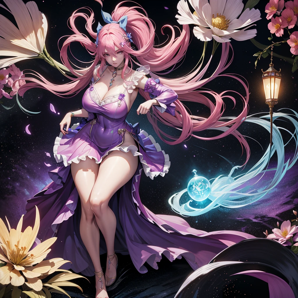 1 Girl, Long hair, Bright hair and bright eyes, Mysterious expression, Mature appearance, Charming dress, floating dress, Elegant Jewelry, Complex decoration, Magic Symbols, Lighting accessories, potion, reel, Lovely Accent, bow, Ribbon, Flowers,
