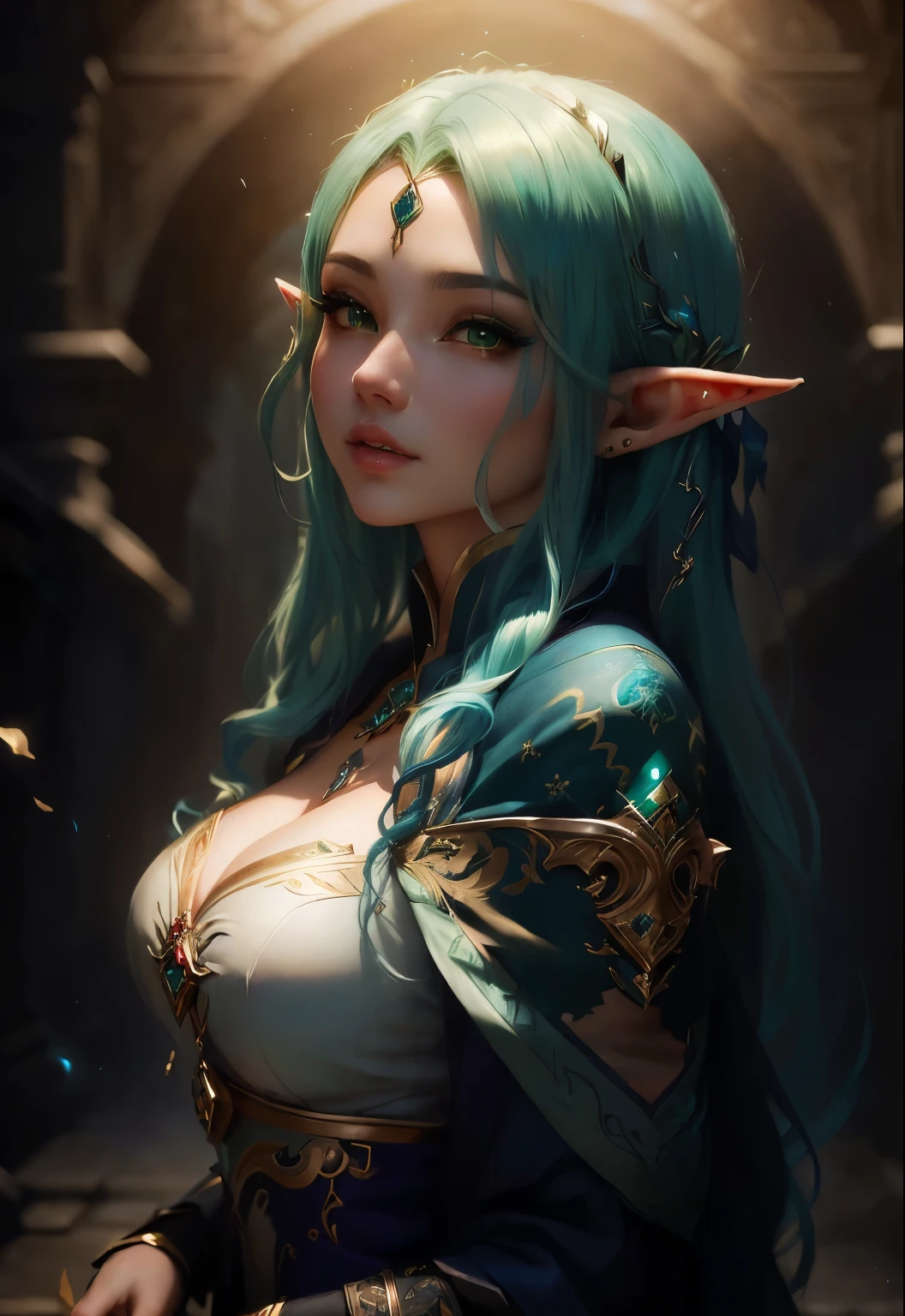 a close up of a woman with blue hair and green hair, elf girl, portrait of an elf queen, 2. anime fantasy art 5 d cgi, beautiful and elegant elf, portrait of an elf, fanart best art station, DeviantArt Artstation CGScosiety, portrait of an elf muito lindo, beautiful and elegant elf queen, 极其详细的Artgerm