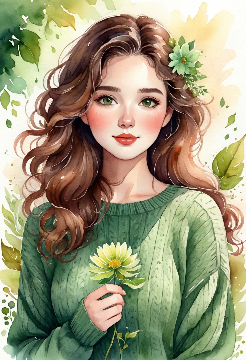 Watercolor drawing of a woman holding a flower, with wavy hair and wearing a green sweater.   Her face has an adorable floral motif, in a cute cartoon style.   The atmosphere is peaceful, with exteriors like falling leaves.   Ultra-realistic digital art with touches of fantasy, highlighting charm and beauty.