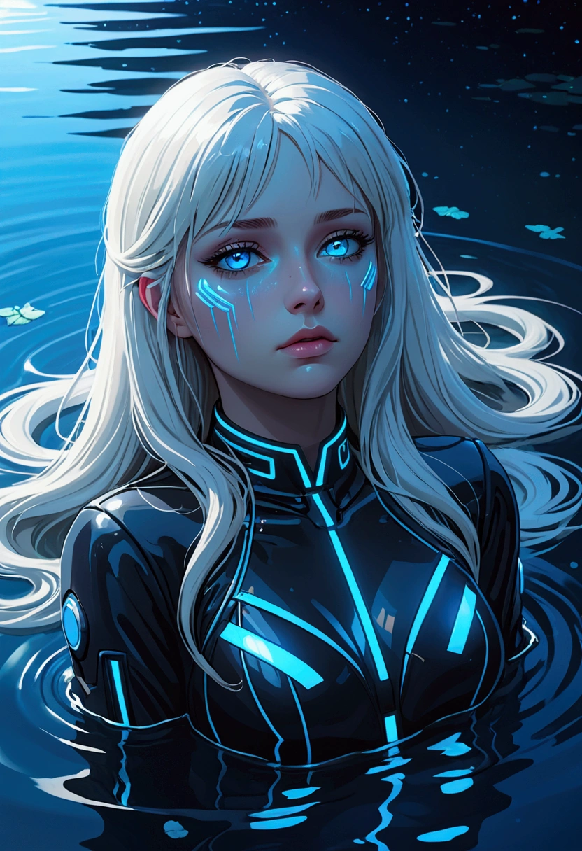 ((best quality)), ((masterpiece)), (detailed), (total body), perfect face, a beautiful woman with white long hair and a sky blue reflection, she has a tufted fringe, she has sky blue eyes, she has total black cyber suit clothes with some neon sky blue lights on it, cyber line on her face, she is sad, she is lying in the water in a pond, in the night with skyblue lights, total body.