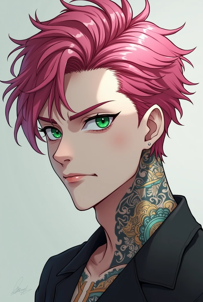 pink hair green eyed man white skin handsome anime similar to sukuna, and with tattoo, chamado sakai