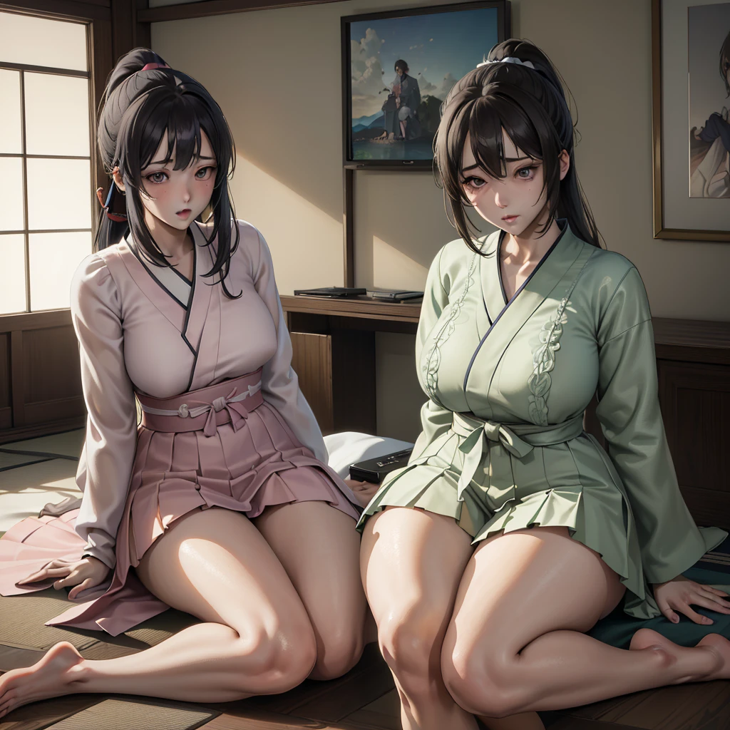 Ridiculous resolution, high resolution, (masterpiece: 1.4), Very detailed, (((Delicate face, Detailed expression)), Two girls, Girls and Girls, friends, best friends, classmate, Relax, Ponytail, Bob, sitting on floor, Sitting on the floor, Two people talking, Room Background, friends, Best Friend, Home, 1k, small room, curtain, floor, television, table, 居Home服, Kyoto Animation, Kyoto Animation的氛围, (tearful)