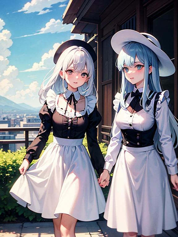 Pastel tones、High definition、Anime-like、Gentle Hills、High and blue sky、A shining white cumulonimbus cloud、(A wide-brimmed hat, silver hair, long skirt and cardigan)With the lady(Classical maid outfit)maid、Two women walking together
